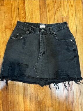 Distressed denim mini skirt